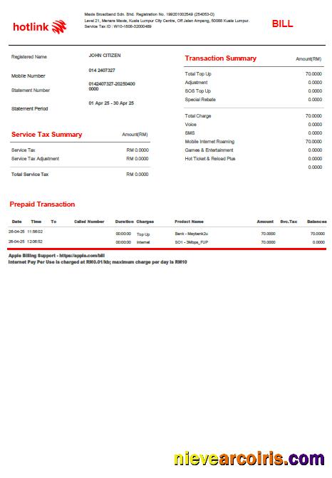 Malaysia Hotlink utility bill